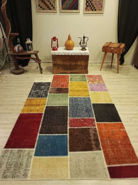Patchwork Rug in Natural Tones, Handmade rug, wool & cotton wool/weave, size 160 × 233 cm, from Isparta, SKU 6518