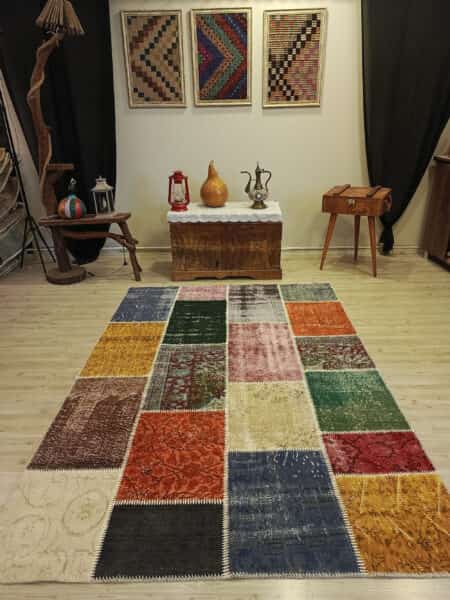 Vintage-Style Handwoven Patchwork Rug, Handmade rug, cotton wool/weave, size 160 × 230 cm, from Oushak, SKU 6509
