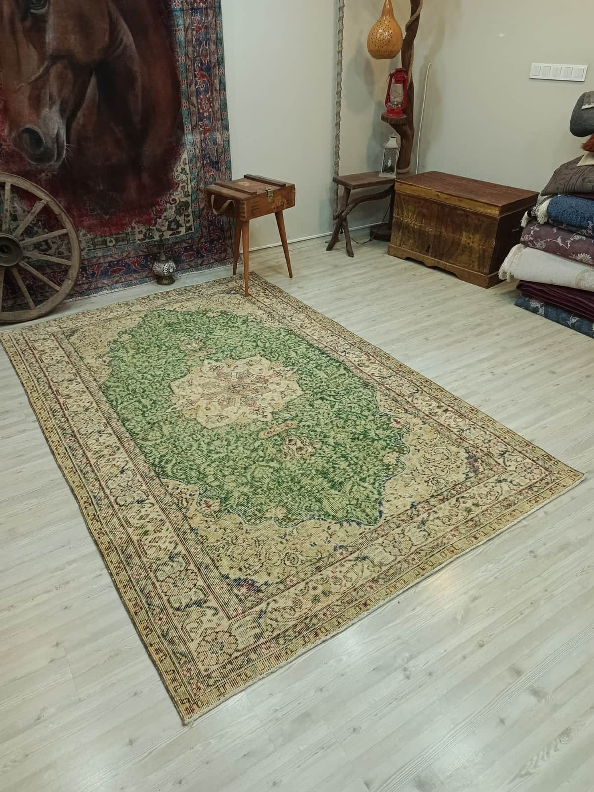Distressed Natural Wool Handwoven Rug, vintage rug, Vintage, hand-knotted wool & cotton, size 173 × 270 cm, from Ladik