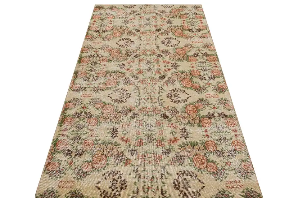 Exclusive Vintage Handmade Distressed Rug, Handmade rug, wool & silk wool/weave, size 116 × 221 cm, from Antalya, SKU 9031