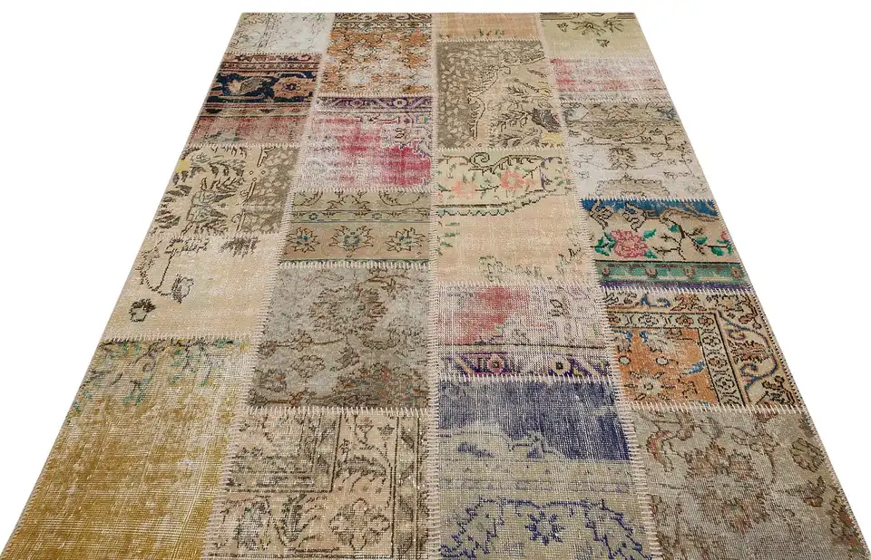 Handwoven Patchwork Design Rug, Handmade rug, silk wool/weave, size 160 × 230 cm, from Bursa, SKU 6263