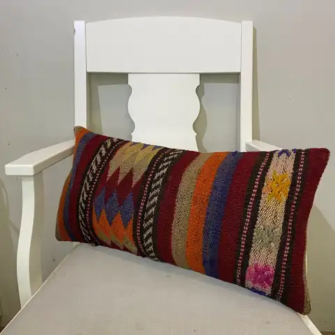 Hand-Woven Patchwork Pillowcase, Kilim rug, wool wool/weave, size 30 × 60 cm, from Cappadocia, SKU 593