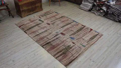 Vintage Handwoven Rug, Distressed, Handmade rug, wool, cotton & silk wool/weave, size 152 × 229 cm, from Bursa, SKU 10535